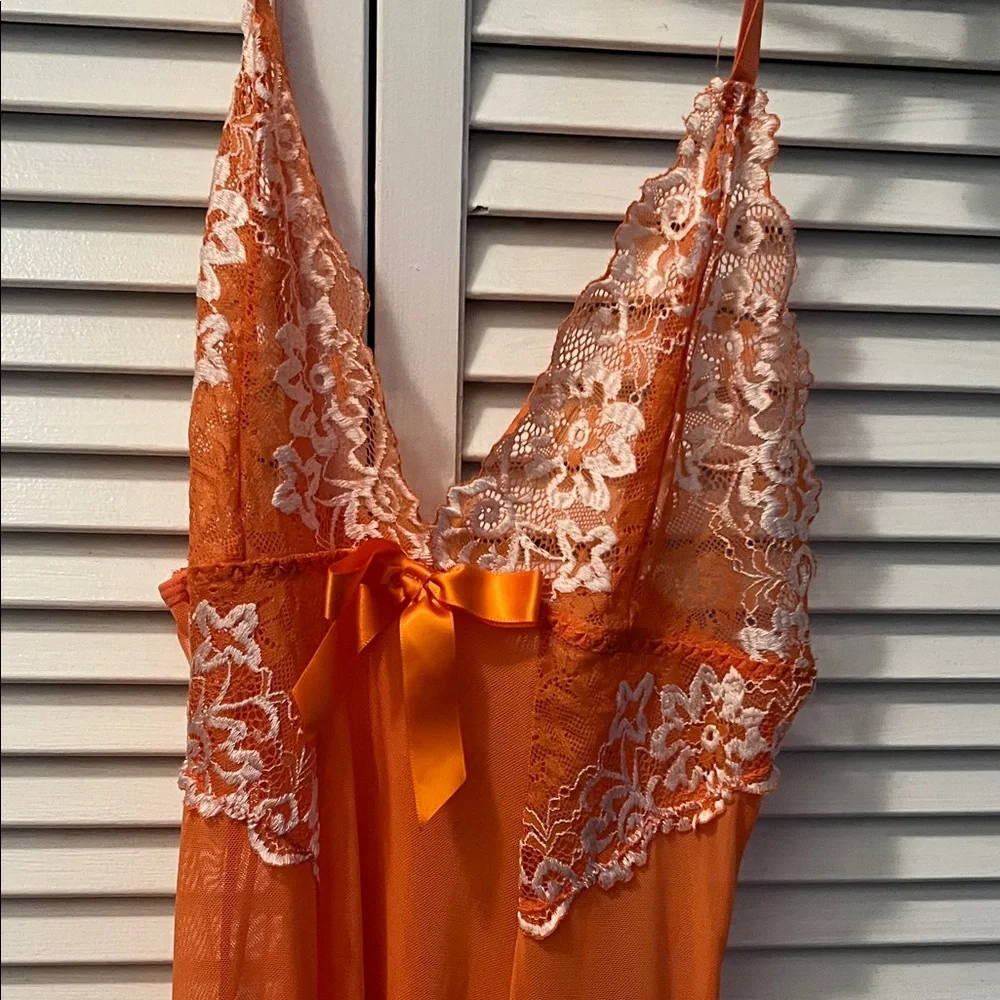 #1043+ Vibrant Orange Lace Trim Chemise - Picture 3 of 11